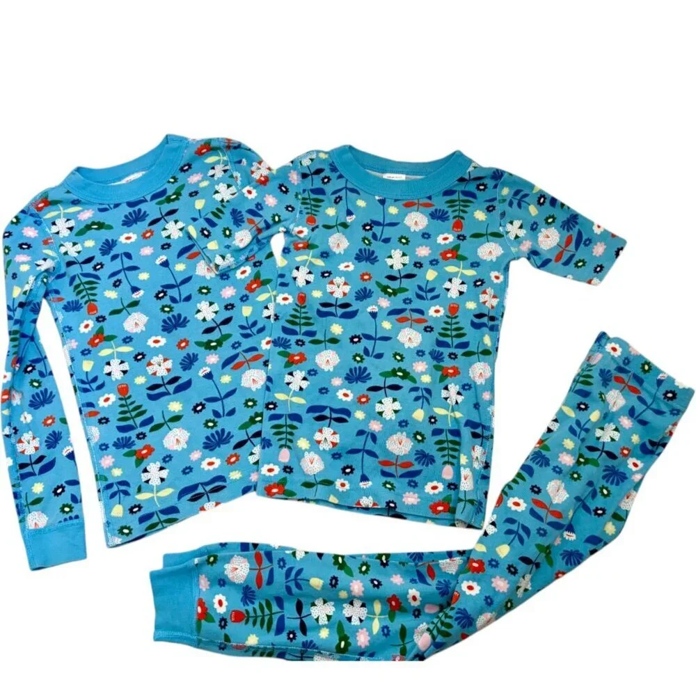 Hanna Andersson Blue Floral Long John Pajama Set Long and Short Sleeves Size 6-7